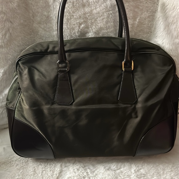 Prada Large green nylon and brown leather commuter bowling bag & lock & keys - Picture 6 of 17